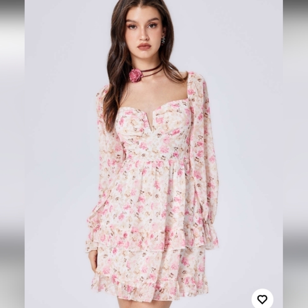 Cider V wired Chiffon Floral long sleeve  babydoll dress